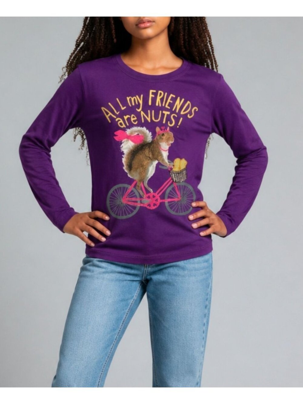 Hanes Girls Purple Long Sleeve Graphic Tee "All My Friends Are Nuts!" Squirrel P